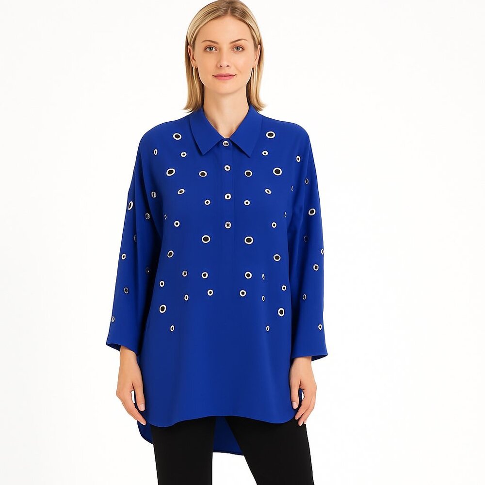 Alberto Makali Blue 3/4 Sleeve Grommet Embellished 2-Piece Tunic Top Set Women L